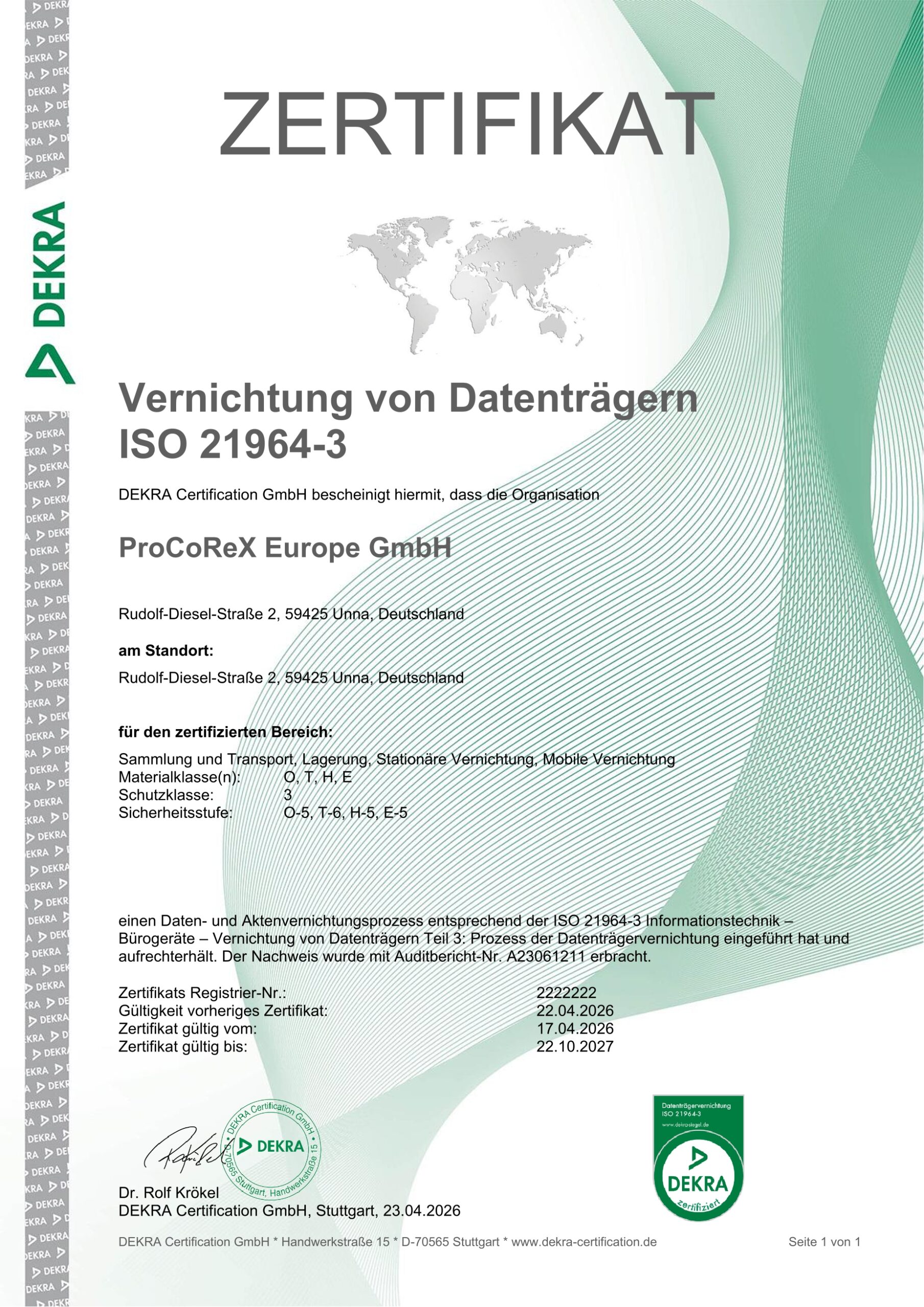 DEKRA Zertifikat ISO 21964-3 – ProCoReX Europe GmbH – Schutzklasse 3